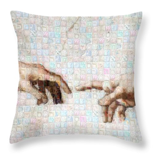 Michelangelo fingers - Throw Pillow - ALEFBET - THE HEBREW LETTERS ART GALLERY