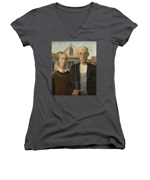 Tribute to American Gothic - Women's V-Neck - ALEFBET - THE HEBREW LETTERS ART GALLERY