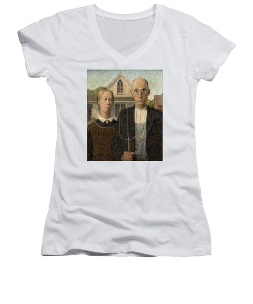 Tribute to American Gothic - Women's V-Neck - ALEFBET - THE HEBREW LETTERS ART GALLERY