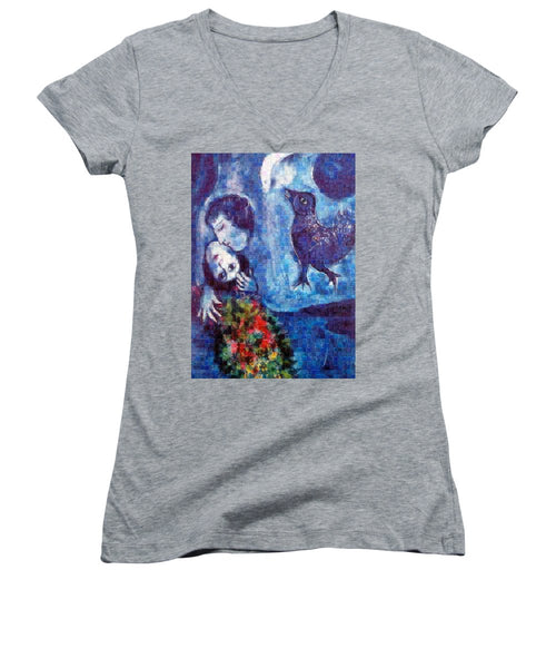 Tribute to Chagall . 4 - Women's V-Neck - ALEFBET - THE HEBREW LETTERS ART GALLERY