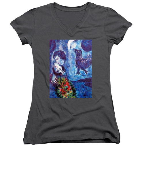 Tribute to Chagall . 4 - Women's V-Neck - ALEFBET - THE HEBREW LETTERS ART GALLERY