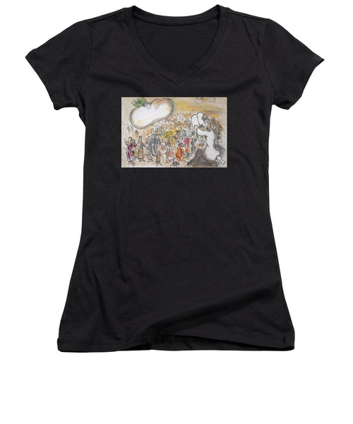 Tribute to Chagall - 6 - Women's V-Neck - ALEFBET - THE HEBREW LETTERS ART GALLERY