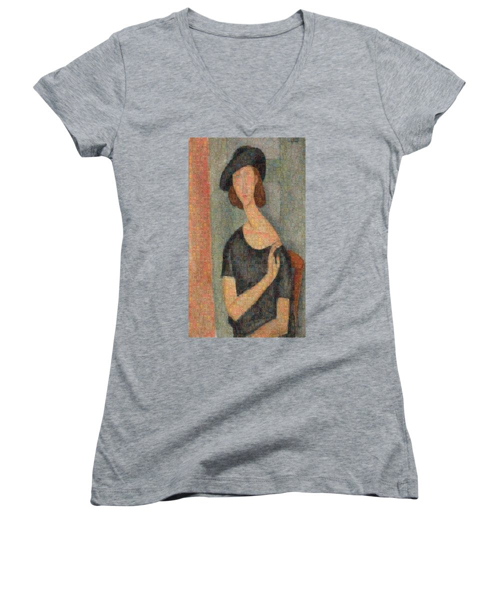 Tribute to Modigliani - 2 - Women's V-Neck - ALEFBET - THE HEBREW LETTERS ART GALLERY