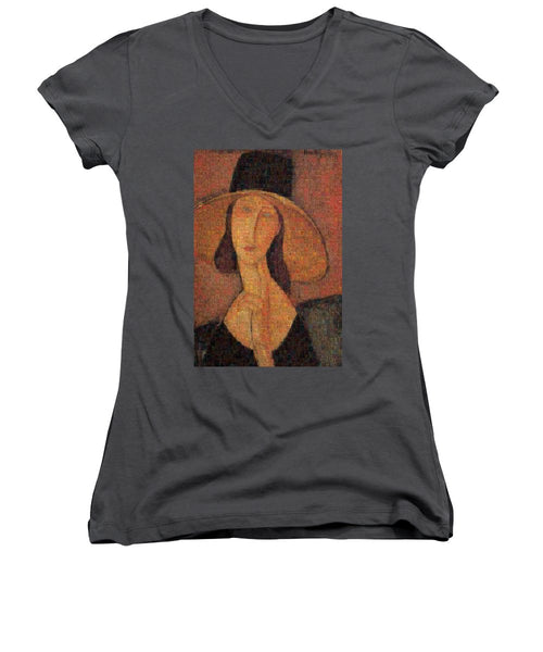 Tribute to Modigliani - 5 - Women's V-Neck - ALEFBET - THE HEBREW LETTERS ART GALLERY