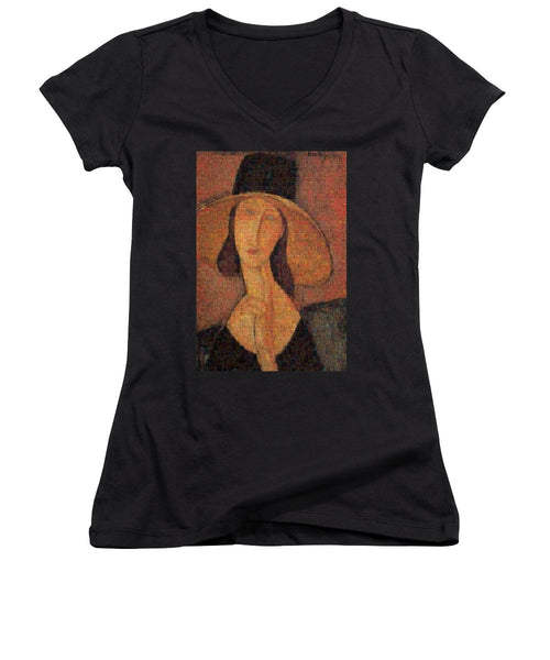 Tribute to Modigliani - 5 - Women's V-Neck - ALEFBET - THE HEBREW LETTERS ART GALLERY