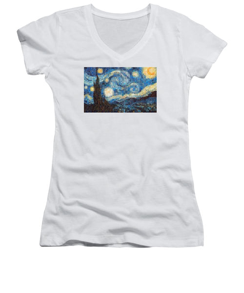 Tribute to Van Gogh - 3 - Women's V-Neck - ALEFBET - THE HEBREW LETTERS ART GALLERY